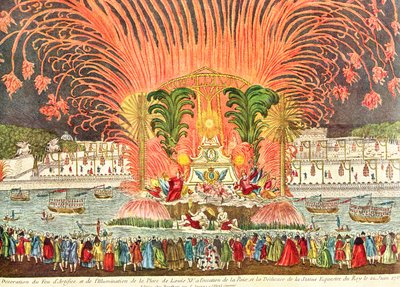 Feuerwerk auf dem Place Louis XV anlässlich der Einweihung der Reiterstatue des Königs, 20. Juni 1763 von French School