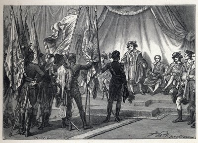 Erste Koalition: Joachim Murat (1767-1815) präsentiert dem Exekutivrat die von der französischen Armee unter dem Kommando von Napoleon Bonaparte während des Italienfeldzugs eroberten Fahnen. Gravur von 1889. Private Sammlung. von French School