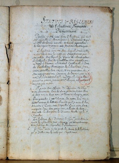 Erste Seite der Statuten der Französischen Akademie, 1635 von French School