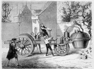 Erstes Dampffahrzeug (der Fardier) getestet vom Erfinder Cugnot, im Arsenal, Paris von French School