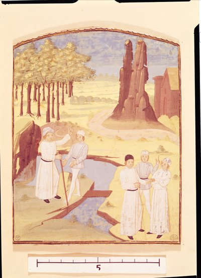 Fünf Personen diskutieren über Gartengestaltung, aus Livre des Prouffitz Champestres von Pietro de Crescenzi von French School