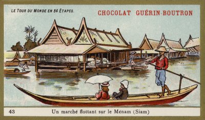 Schwimmender Markt am Fluss Menam, Siam (Chromolithografie) von French School