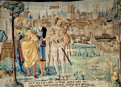 Gründung der Stadt Paris. König Franz I. (1494-1547) beschloss, seine ständige Hauptstadt in Paris zu errichten, als er 1527 aus der Gefangenschaft zurückkehrte. Wandteppich aus „Die fabelhafte Geschichte der Gallier“ hergestellt von der Werkstatt von Arra von French School