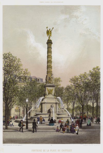 Brunnen auf dem Place du Châtelet (Farblithographie) von French School