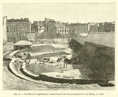 Ausgrabungen des römischen Amphitheaters gefunden beim Durchbruch der Rue Monge, 1869 von French School