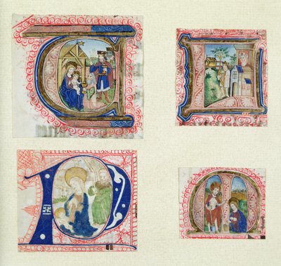 Vier historiierte Initialen, die die Anbetung der Könige, die Krippe, David und Bathseba und Christus im Garten darstellen von French School