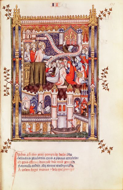 St. Denis predigt den Parisern, die ihre heidnischen Idole zerbrechen, aus Vie de St. Denis, 1317 von French School