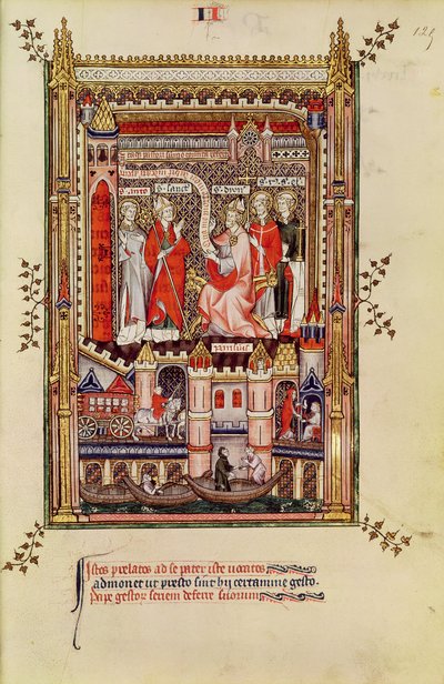 St. Saintin und St. Antonin, die aufgefordert werden, die Geschichte des Lebens von St. Denis zu schreiben, aus Vie de St. Denis, 1317 von French School