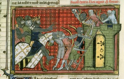 Angriff auf eine Stadt, aus Le Roman de Godefroi de Bouillon von French School