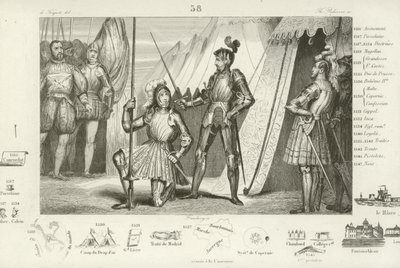 Franz I. von Frankreich bittet den Chevalier Bayard, ihn nach dem Sieg in der Schlacht von Marignano, Italien, 1515 zum Ritter zu schlagen von French School