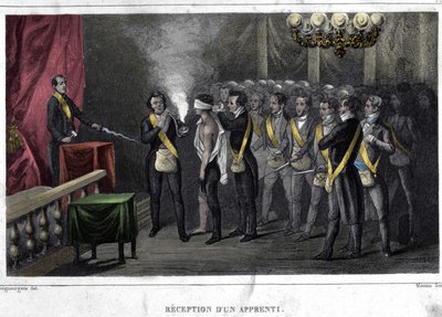 Freimaurerei: Initiation und Aufnahme eines Lehrlings. Gravur aus „Picturesque Histoire de la Franc Maconnerie et des Societes Secretes antique et modernes“ von F.-T. B. Clavel. Pagnerre, Herausgeber. 1843. von French School