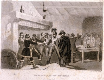 Freimaurerei: der Eid der Brüder Schnitter in Potok im Jahr 1821. Stich aus „Bildergeschichte der Freimaurerei und der antiken und modernen Geheimgesellschaften“ von F.-T. B. Clavel. Pagnerre, Herausgeber. 1843. von French School