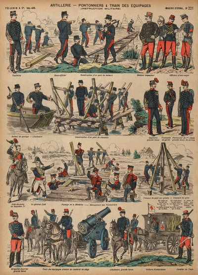Französische Armee baut Pontonbrücken von French School
