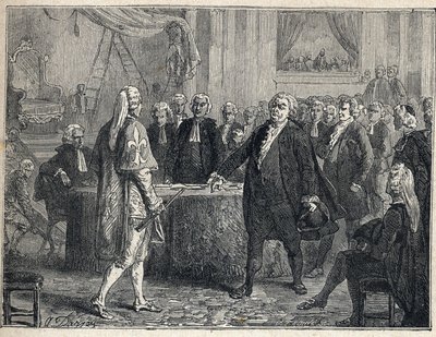 Französische Revolution - Generalversammlung am 23.06.1789: Honoré Gabriel Riqueti, Graf von Mirabeau (1749-1791) apostrophiert Henri Evrard, Marquis von Dreux-Brézé (1762-1829). Gravur von 1889. Private Sammlung von French School