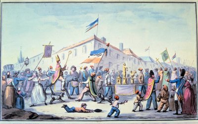 Französische Revolution: „Geformte Maskerade des Volkes in priesterlicher Kleidung“. Anonymes Aquarell. 1793. Paris, Bibliothek von L
