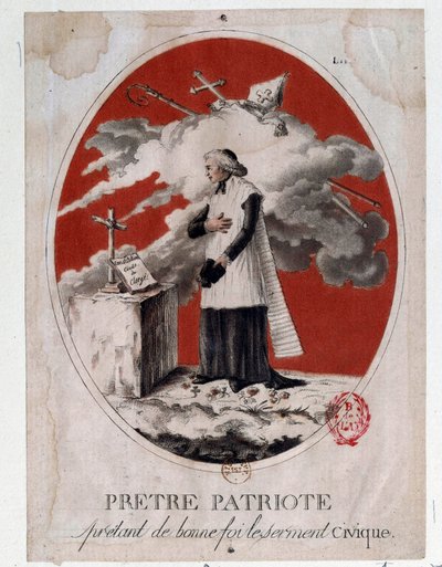 Französische Revolution: ein patriotischer Priester, der den Bürgereid in gutem Glauben ablegt. Gravur des 18. Jahrhunderts. Paris, Bibliothek des Arsenal von French School