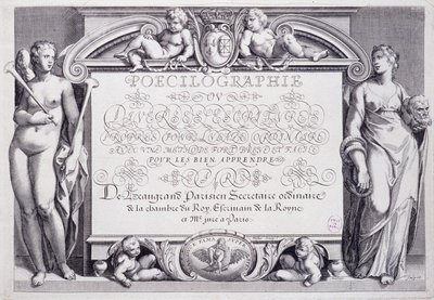 Französische Kalligraphie: Poecilographie, Frontispiz, von Baptiste de Beaugrand im Jahr 1606. von French School