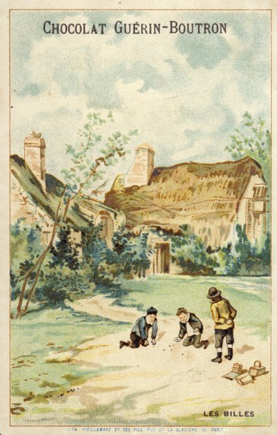 Französische Kinder spielen Murmeln vor einem Cottage (Chromolithografie) von French School