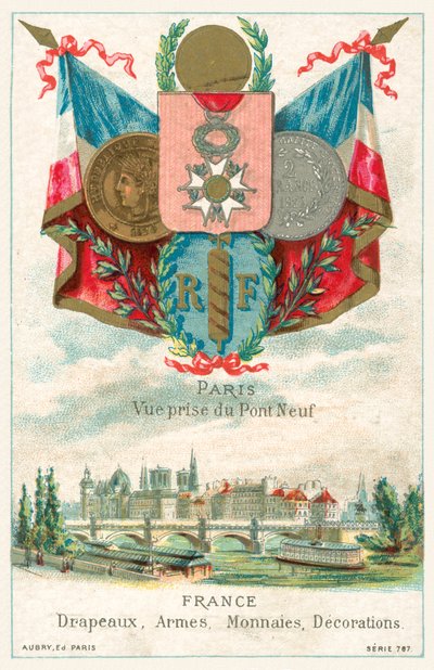 Französische Flaggen, Waffen, Münzen und Auszeichnungen und ein Blick auf Paris von der Pont Neuf von French School