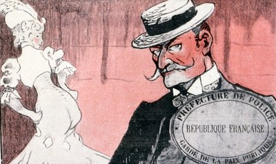Französische Polizei überwacht eine Prostituierte vor ihrer Verhaftung. Frankreich im 19. Jahrhundert. Französische Illustration 1890 von French School