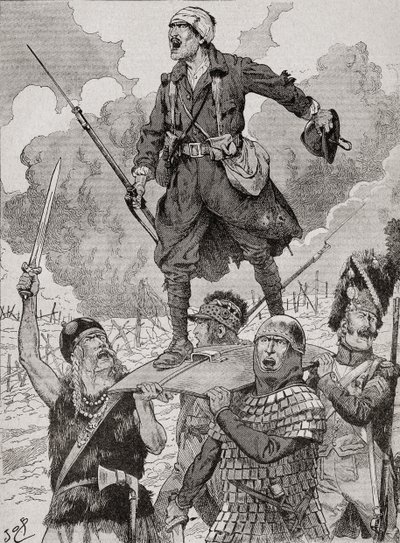 Französisches Propagandaposter mit dem Titel "On Les Aura", oder Wir werden sie haben. Vier Soldaten aus verschiedenen historischen Epochen tragen einen verwundeten, aber trotzigen Soldaten des Ersten Weltkriegs auf einem Schild. Aus Agenda Buvard du Bon M von French School