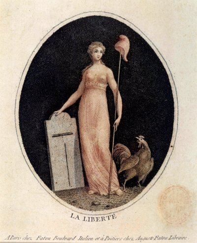 Französische Revolution: Allegorie der Freiheit in Gestalt einer Frau, die eine phrygische Mütze auf einem Speer trägt, mit einem Hahn zu ihren Füßen. Druck aus dem späten 18. Jahrhundert Paris, Musée Carnavalet von French School