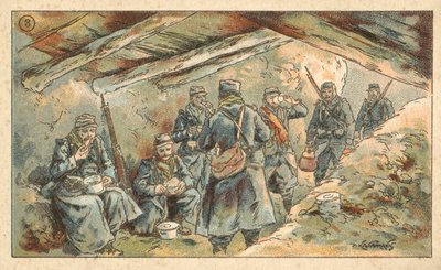 Französische Soldaten essen in einem Unterstand, Erster Weltkrieg von French School