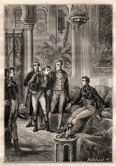 Friedrich Konrad Hornemann (1772-1801) traf Napoleon Bonaparte in Kairo 1797 in Anwesenheit von Gaspard Monge (1746-1818) und Claude Louis Berthollet (1748-1822) - Illustration aus „Die großen Seefahrer des 18. Jahrhunderts“ von French School