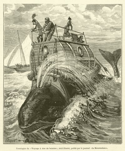Frontispiz der Reise auf dem Rücken eines Wals, illustrierter Bericht, veröffentlicht von der Zeitung La Récréation von French School