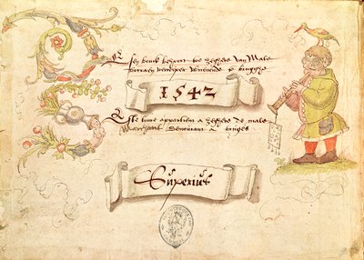 Frontispiz aus Recueil de chants religieux et profanes IX, Darstellung eines Mannes mit Brille, der ein Blasinstrument spielt und einen Vogel auf dem Kopf hat, 1542 von French School