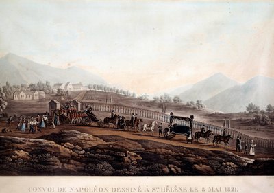 Trauerzug von Napoleon I. (1769-1821) nach St. Helena am 8.05.1821. Gravur um 1830. Île d