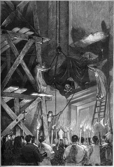 Begräbnis von Papst Pius IX. (Pio) (1792-1878): die Beisetzung des Leichnams in der Basilika St. Peter in Rom. Gravur in „Le Monde Illustré“ Nr. 1093 vom 9. März 1878 von French School
