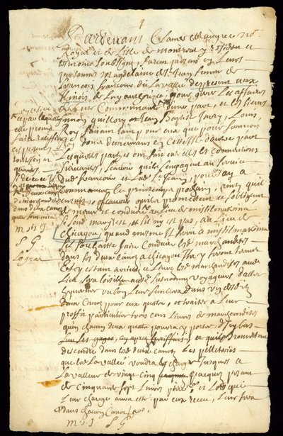 Pelzhandelsvertrag zwischen Francois Francoeur und vier Voyageuren für den Transport von Waren und den Kauf von Biberfellen in Michilimackinac und Chicago, 1692 von French School