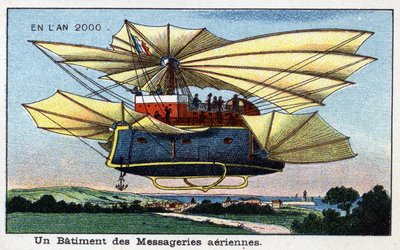Futuredays: Eine Vision des 19. Jahrhunderts vom Jahr 2000 - Serie „Im Jahr 2000“: Ein Gebäude der Luftpost - Chromolithographie von Villemard von French School