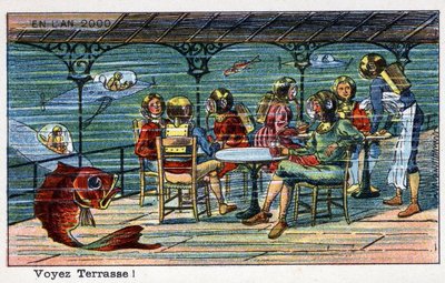 Futuredays: Eine Vision des 19. Jahrhunderts vom Jahr 2000 - Serie „Im Jahr 2000“: Seeterrasse (unter dem Meer). Chromolithographie von Villemard von French School