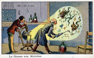 Futuredays: Eine Vision des 19. Jahrhunderts vom Jahr 2000 Serie: Die Jagd auf Mikroben (2 Wissenschaftler entfernen vergrößerte Mikroben mit einer Maschine). Chromolithographie von Villemard von French School