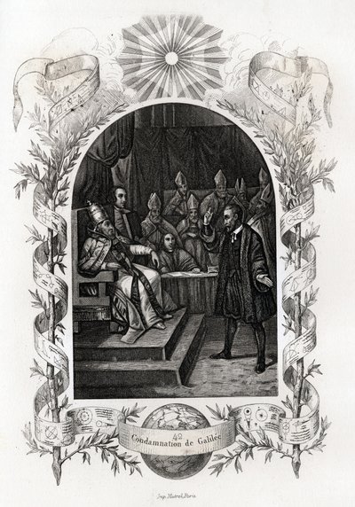 Galileo Galilei (1564-1642) vor dem Heiligen Offizium im Vatikan. Der Astronom wurde 1632 vom Inquisitionstribunal verurteilt. Gravur zur Illustration der „Geschichte der Päpste“ von Maurice Lachatre (1814-1900) von French School