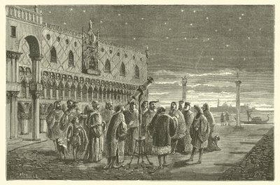 Galileo zeigt den Senatoren von Venedig die Satelliten des Jupiter (Stich) von French School