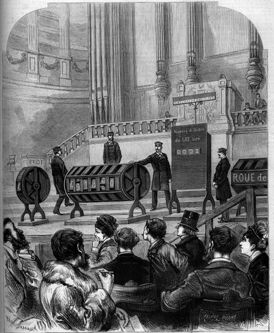 Glücksspiel: Ziehung der Nationalen Lotterie im Festsaal des Trocadero am 6. Januar 1879 in Paris. Gravur in „Le Monde Illustré“ Nr. 1140 vom 1. Februar 1879 von French School