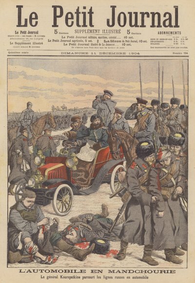 General Kuropatkin nutzt ein Auto, um die russischen Linien in der Mandschurei während des Russisch-Japanischen Krieges zu besichtigen von French School