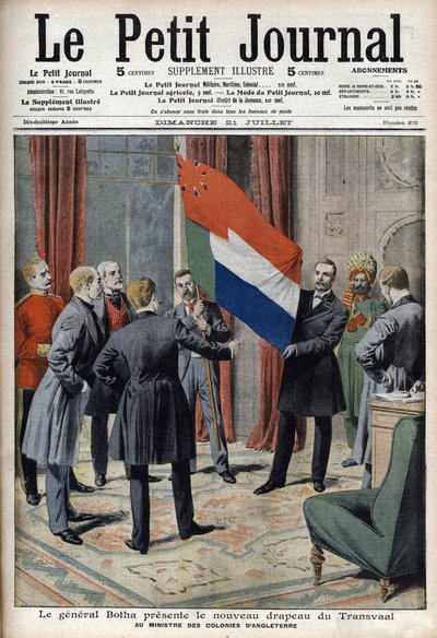 General Pieter Willem Botha (ein Bure) präsentiert die neue Flagge des Transvaal (Südafrika) dem englischen Kolonialminister Lord Elgin - In „Le Petit Journal“ vom 21. Juli von French School