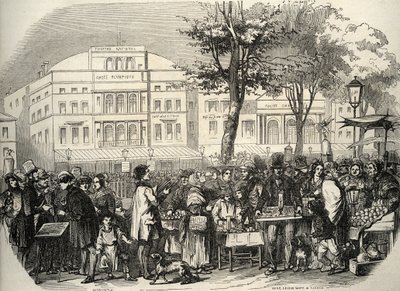 Gesamtansicht des Boulevard du Temple in Paris - Straßenhändler - Paris - Vue générale du boulevard du Temple - Straßenhändler - Gravur in „Tableau-de-Paris“ von Edmond Texier 1852 von French School