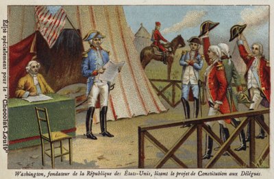 George Washington liest den Delegierten den Entwurf der Verfassung der Vereinigten Staaten vor von French School