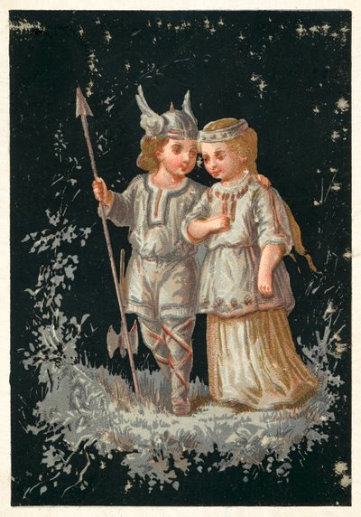 Mädchen und Junge in nordischer oder germanischer Tracht von French School