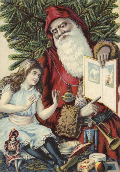 Mädchen wird vom Weihnachtsmann ein illustriertes Buch gezeigt von French School
