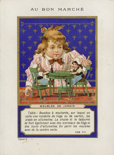 Mädchen spielt mit Puppen und Miniaturmöbeln, Gartenmöbel von French School