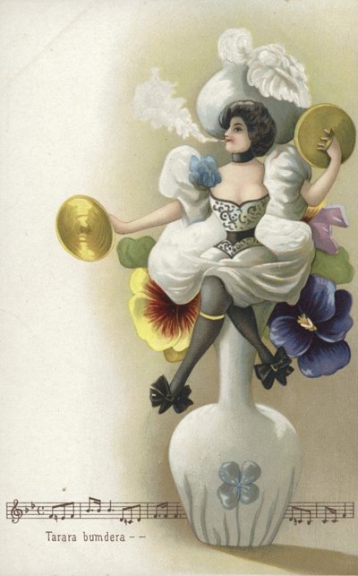 Mädchen sitzt auf einer Vase, raucht und spielt die Zimbeln von French School