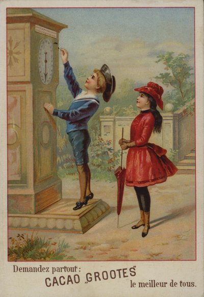 Mädchen beobachtet einen Jungen, der eine Uhr einstellt (Chromolithografie) von French School