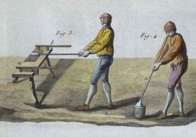 Glasblasen (Detail), Illustration aus der Encyclopedie des Sciences et Metiers von Denis Diderot, graviert von Robert Benard, veröffentlicht um 1770 (Farbstich) von French School