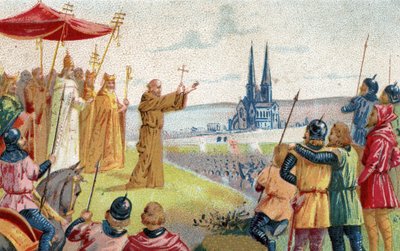 Gott will es! Peter der Einsiedler predigt den Kreuzzug (1095 - 1099) Chromolithographie aus dem späten 19. Jahrhundert. von French School